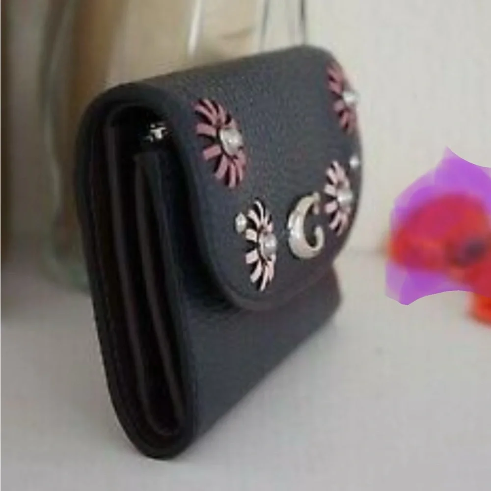 Coach Whipstitch Floral Rivets Wallet - Midnight Navy Leather